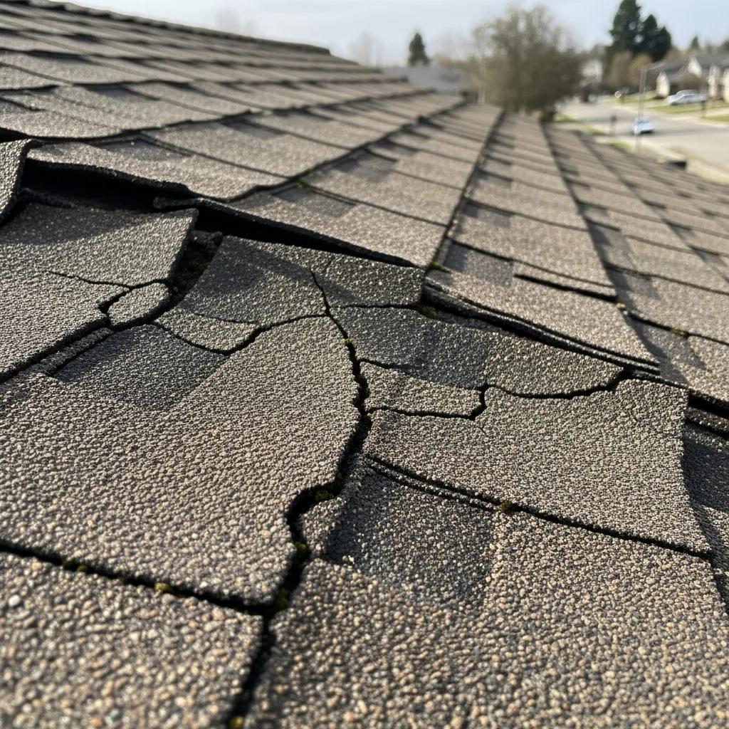 Close-up of curling and cracked shingles showing roof damage